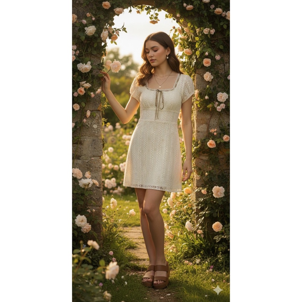 Coquette Womens Cream Floral Eyelet Lace Empire Waist Mini Dress dollette medium